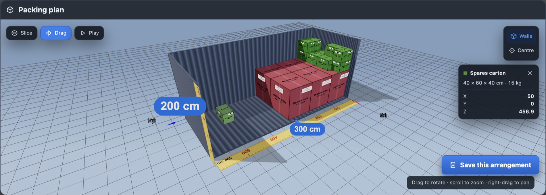 The same view after the drag: the green carton now stands alone on the container floor near the doors, the card reads X 50, Y 0, Z 456.9, and a Save this arrangement button has appeared.