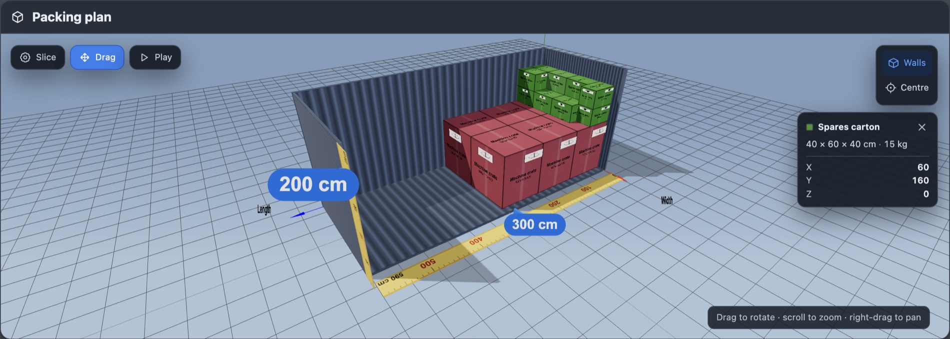 The 3D view with Drag lit and one green carton in the upper layer selected; the selection card reads Spares carton, 40 by 60 by 40 cm, X 60, Y 160, Z 0.