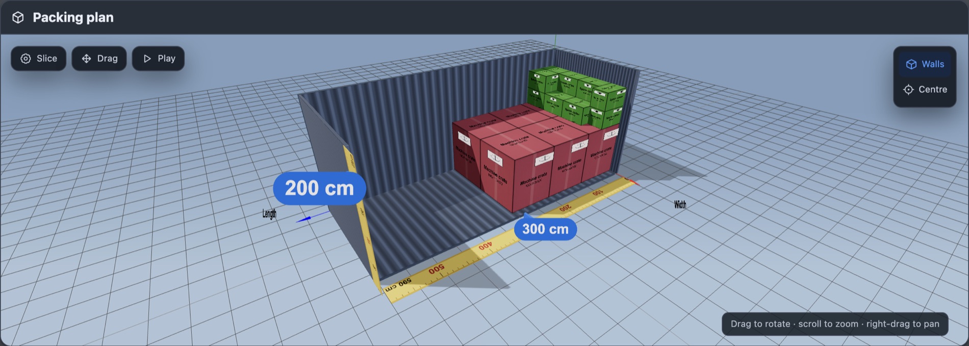 The 3D view of the packed 20-foot container: six red machine crates on the floor at the far end with twelve green spares cartons stacked above them, yellow measuring tapes along the floor edges, and the Slice, Drag and Play controls at the top left.