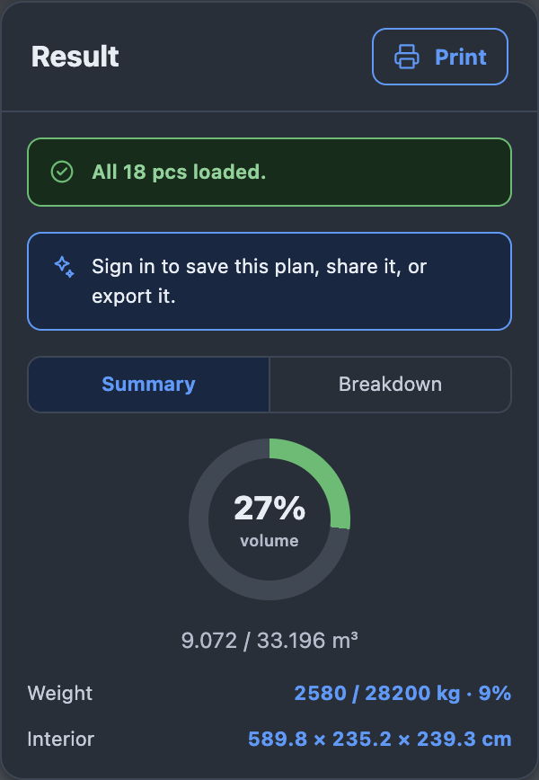 The result panel: All 18 pcs loaded, the Summary tab, a 27 per cent volume dial reading 9.072 of 33.196 cubic metres, weight 2580 of 28200 kg at 9 per cent, and interior 589.8 by 235.2 by 239.3 cm.