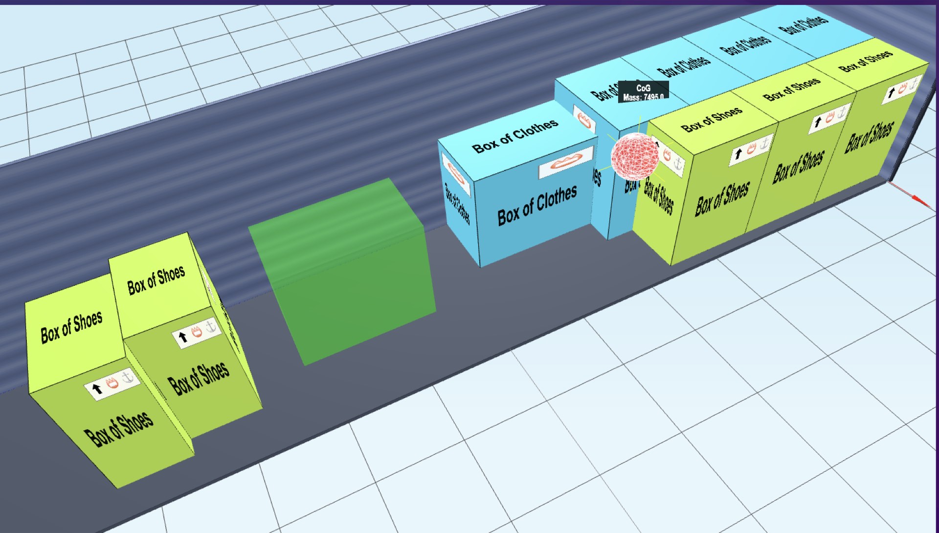 3D container showing center of gravity sphere visualization