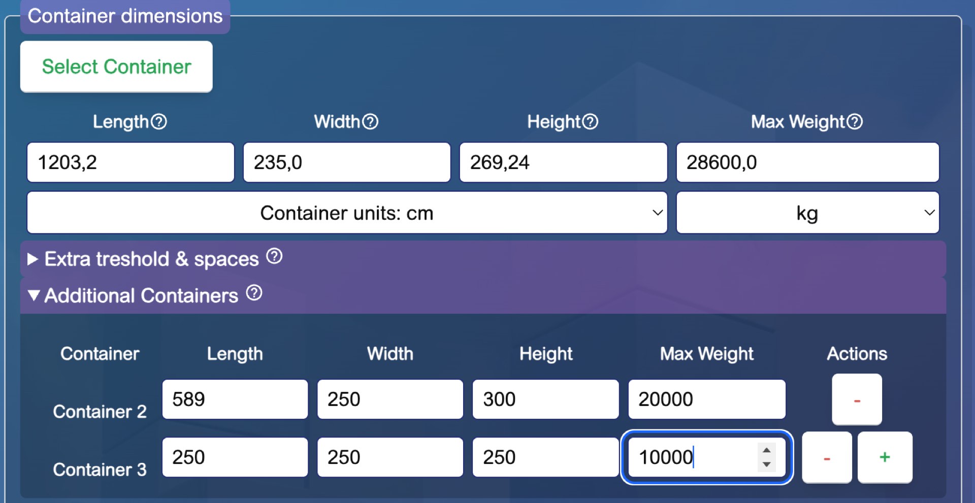 Multiple container types selection interface